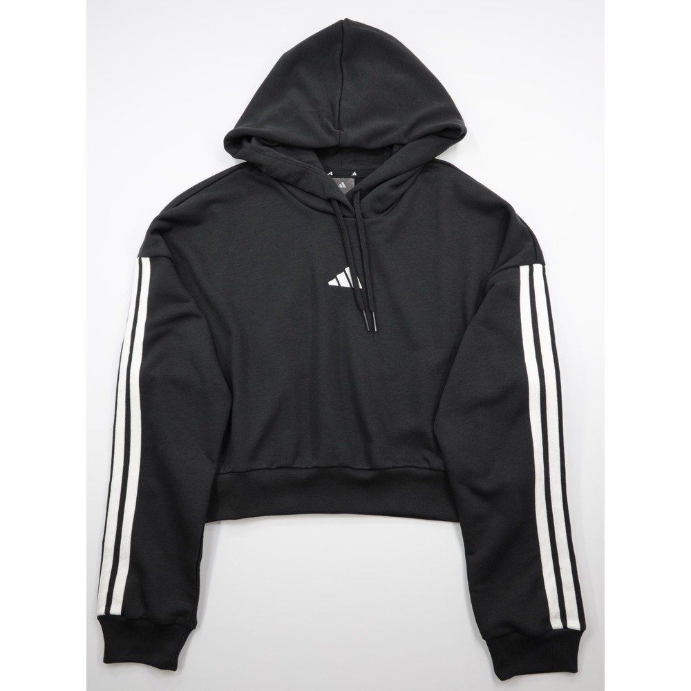 Adidas Women's Essentials 3 Stripe French Terry Crop Hoodie Black Size M